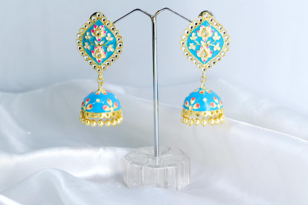 Turquoise Blue Meenakari Jhumka Earrings for Women | Hand-Painted Traditional Gold-Plated Jhumki with Pearl Drops | Ethnic Festive Jewellery