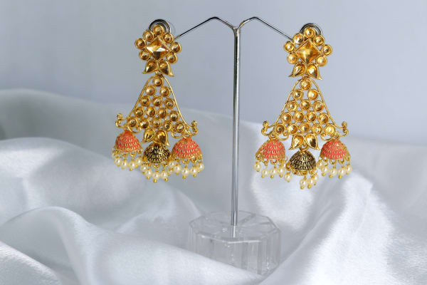 Traditional Gold-Plated Jhumka Earrings for Women | Triple Dome Jhumki with Pearl Drops | Ethnic Kundan-Style Festive Earrings