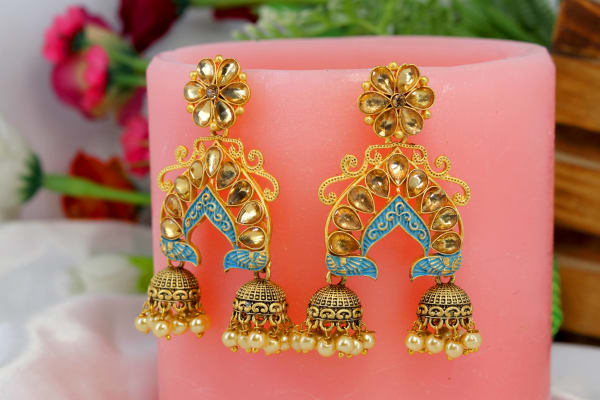 Gold-Plated Kundan Meenakari Temple Jhumka Earrings for Women | Traditional Arch Design Dangler Earrings with Pearls | Wedding & Festive Jewellery
