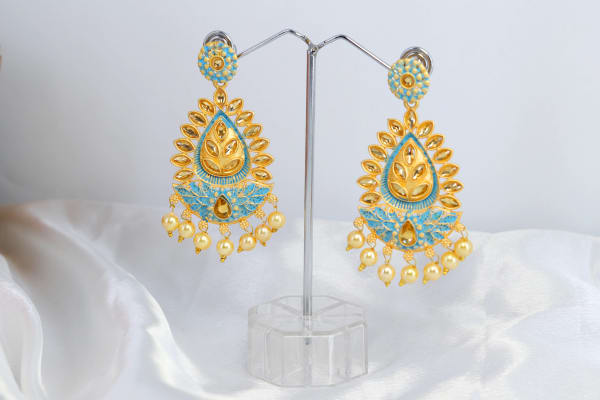 Gold-Plated Kundan Meenakari Tear-Drop Dangler Earrings for Women | Sky Blue Enamel Temple Design with Pearl Drops | Wedding & Festive Jewellery