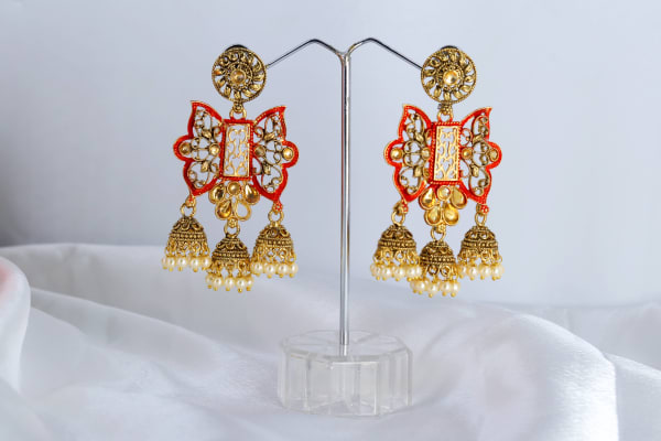 Gold-Plated Red Meenakari Kundan Triple Jhumka Earrings for Women | Heavy Traditional Ethnic Dangler with Pearl Drops | Bridal & Festive Jewellery
