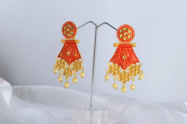Gold-Plated Red Meenakari Kundan Dangler Earrings for Women | Traditional Temple Design with Pearl Drops | Bridal & Festive Ethnic Jewellery