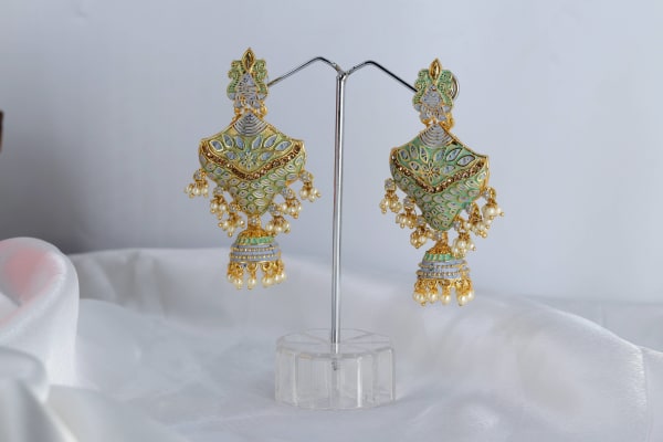 Gold-Plated Green Meenakari Kundan Dangler Earrings for Women | Traditional Handcrafted Jhumka Design with Pearl Drops | Bridal & Festive Jewellery