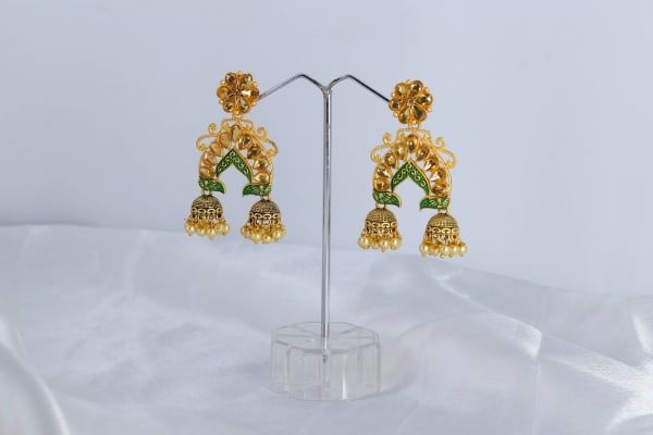 Gold-Plated Green Meenakari Kundan Jhumka Earrings for Women | Traditional Arch-Design Dangler Earrings with Pearl Drops | Festive & Wedding Jewellery