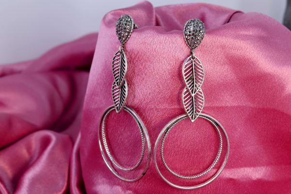 Silver-Plated Oxidized Leaf & Double Hoop Dangler Earrings for Women | Lightweight Western Party Wear Earrings | Trendy Oxidised Jewellery