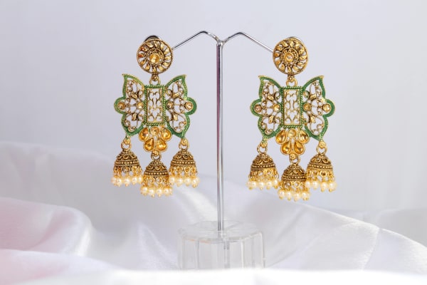 Gold-Plated Green Meenakari Kundan Butterfly Dangler Earrings for Women | Triple Jhumka Pearl Drops | Wedding & Festive Ethnic Jewellery