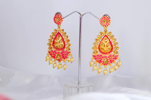 Gold-Plated Pink Meenakari Kundan Teardrop Dangler Earrings for Women | Pearl Drop Traditional Festive Jewellery | Wedding & Party Wear Earrings