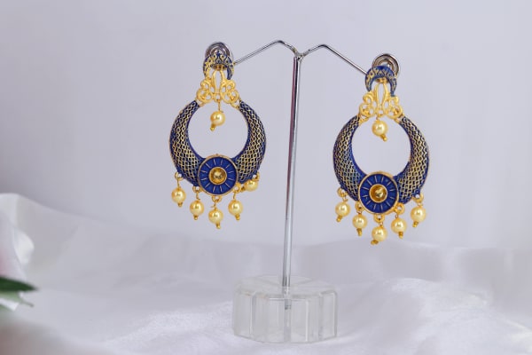 Royal Blue Meenakari Gold-Plated Chandbali Earrings for Women | Pearl Drop Festive & Wedding Wear Traditional Jewellery