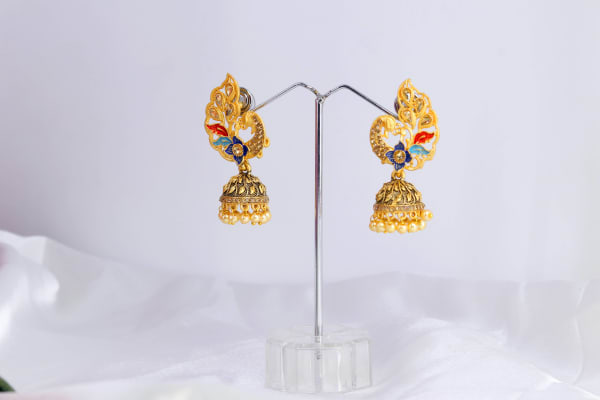 Gold-Plated Multicolor Meenakari Peacock Jhumka Earrings for Women | Traditional Ethnic Wedding Jewellery with Pearl Drops