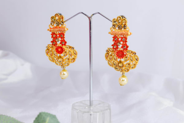 Gold-Plated Kundan Floral Meenakari Dangler Earrings for Women | Red Enamel Work with Pearl Drop | Traditional Wedding & Festive Jewellery