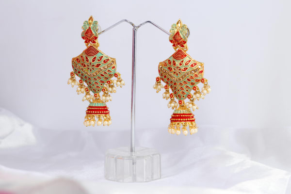 Gold-Plated Green & Red Meenakari Dangler Earrings for Women | Kundan Leaf Pattern with Pearl Jhumka Drops | Bridal, Haldi & Festive Jewellery