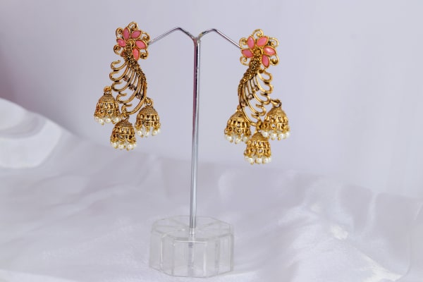 Gold-Plated Pink Floral Peacock Dangler Earrings for Women | Pearl Cluster Jhumka Multi-Drop Design | Wedding, Party & Festive Jewellery