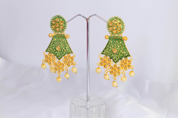 Gold-Plated Green Meenakari Floral Jhumka Dangler Earrings for Women | Traditional Pearl Drop Chandbali Design | Wedding & Festive Jewellery