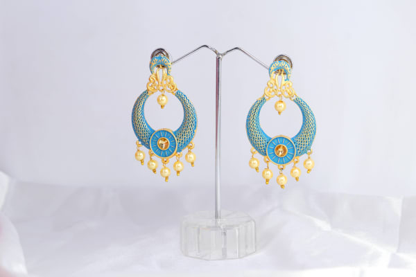 Gold-Plated Blue Meenakari Chandbali Earrings for Women | Pearl Drop Ethnic Dangler | Traditional Wedding & Festive Jewellery