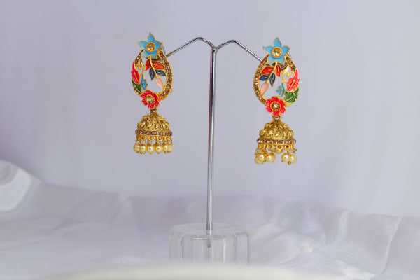 Gold-Plated Multicolor Meenakari Floral Jhumka Earrings for Women | Pearl Drop Ethnic Dangler | Festive & Wedding Jewellery