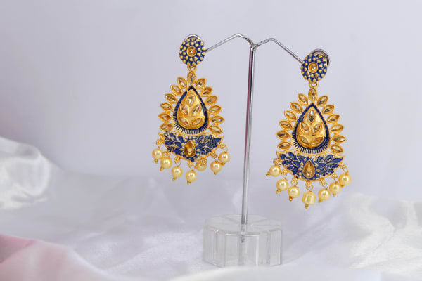 Gold-Plated Navy Blue Kundan Meenakari Tear-Drop Dangler Earrings for Women | Pearl Drop Temple Style Festive & Wedding Jewellery