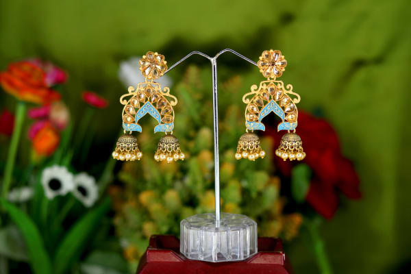 Gold-Plated Sky Blue Meenakari Kundan Arch Jhumka Earrings for Women | Temple Design with Pearl Drops | Festive & Wedding Jewellery