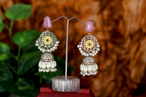 Silver-Plated Pearl Cluster Jhumka Earrings for Women | Floral Design with Pink Stone Top | Party & Festive Wear Jewellery
