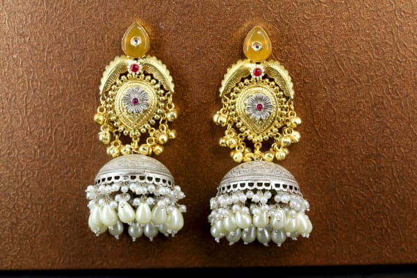 Golden Temple-Style Dual Tone Jhumka Earrings with Silver Dome & Pearl Layers | Traditional Heavy Wedding Jewellery for Women