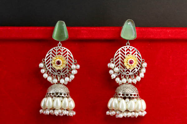 Green Stone Silver Oxidised Jhumka Earrings with Pearl Drops | Antique Round Cutwork Jhumki for Women & Girls