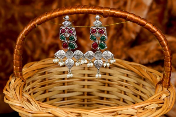 Oxidised Silver Floral Stone Dangler Earrings with Pearl Drops | Red & Green Stone Traditional Earrings for Women