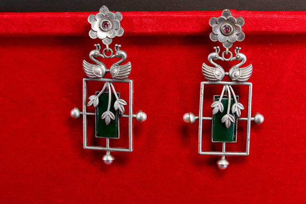 Handcrafted Oxidised Silver Peacock Statement Earrings | Green Stone Antique Dangler Earrings for Women
