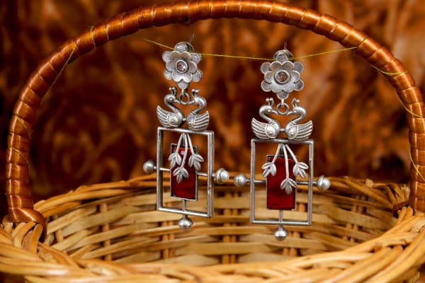 Handcrafted Oxidised Silver Double-Peacock Red Stone Dangler Earrings | Vintage Ethnic Jewellery for Women