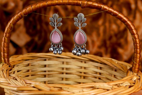 Oxidized Silver Pink Stone Drop Earrings with Ghungroo | Boho Ethnic Daily Wear Jewellery for Women
