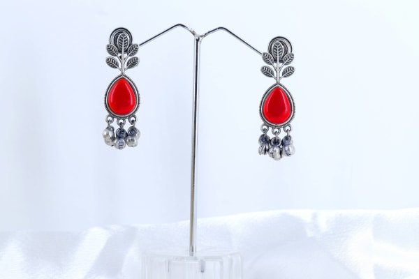 Oxidized Silver Red Teardrop Earrings with Leaf Design & Traditional Ghungroo Drops | Ethnic Jewellery for Women