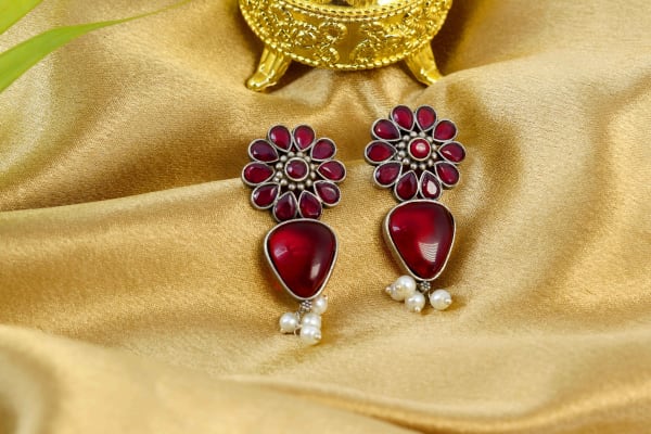 Oxidized Silver Maroon Floral Earrings with Pearl Drops | Traditional Ethnic Earrings for Women & Girls