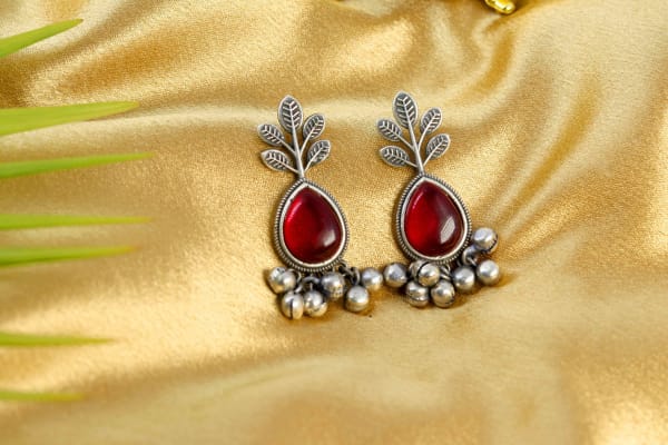 Oxidized Silver Red Stone Drop Earrings with Ghungroo Beads | Ethnic Boho Earrings for Women & Girls