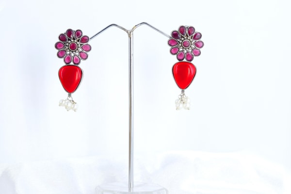 Oxidized Pink Flower Stud Earrings with Red Stone Drop & Pearl Beads | Ethnic Party Wear Earrings for Women