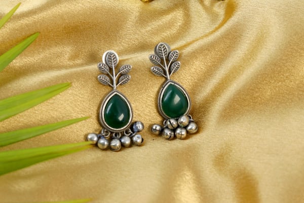 Green Stone Oxidized Leaf Earrings with Ghungroo Beads | Ethnic Daily Wear Earrings for Women & Girls