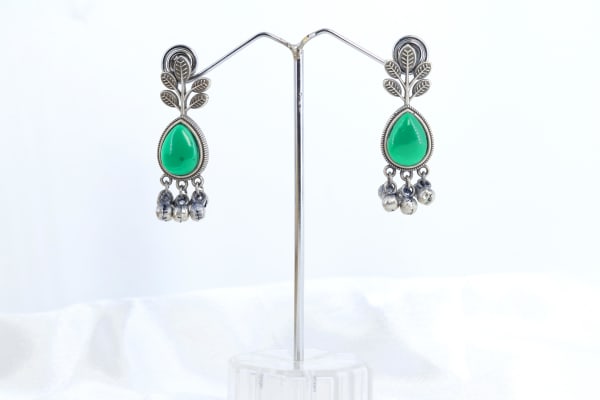 Green Oxidized Leaf Earrings with Teardrop Stone & Ghungroo Beads | Lightweight Daily Wear Earrings for Women