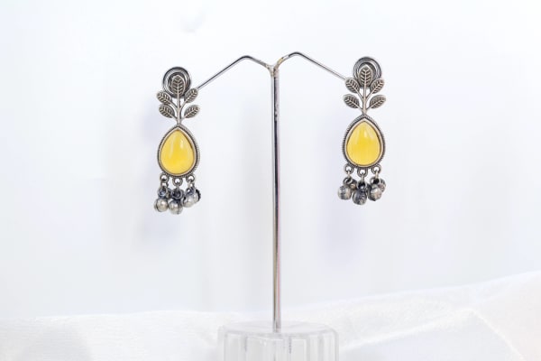 Yellow Oxidized Leaf Earrings with Teardrop Stone & Ghungroo Beads | Lightweight Daily Wear Earrings for Women & Girls