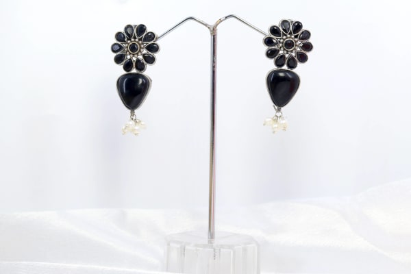 Black Oxidized Flower Earrings with Teardrop Stone & Pearl Beads | Stylish Lightweight Earrings for Women & Girls