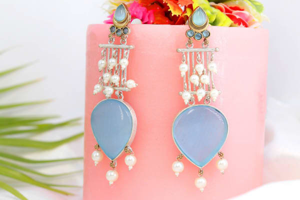 Sky Blue Long Dangler Earrings with Pearls | Elegant Stone & Pearl Drop Earrings for Women & Girls