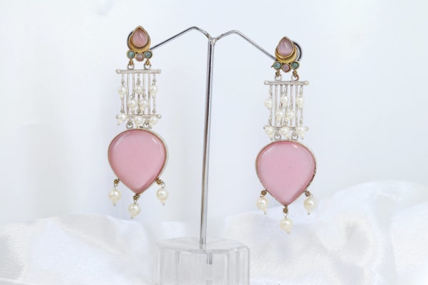 Baby Pink Long Dangler Earrings with Pearls | Elegant Pastel Stone Earrings for Women & Girls