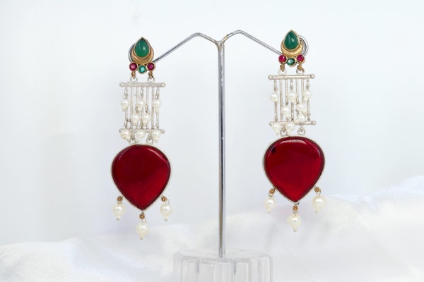 Red Long Dangler Earrings with Pearl Chains | Festive & Bridal Statement Earrings for Women