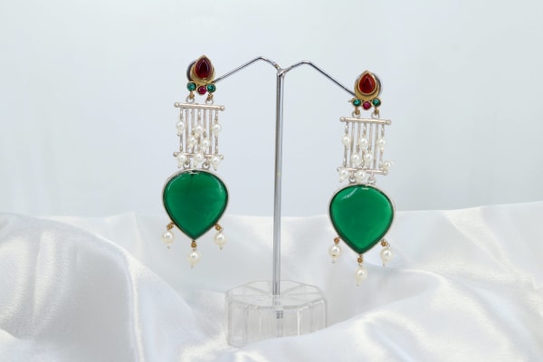 Green Heart Dangler Earrings with Pearl Chains | Festive & Bridal Fashion Jewellery for Women