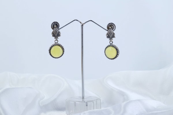 Vintage Oxidised Silver Round Drop Earrings with Pastel Yellow Stone | Lightweight Ethnic Dailywear & Festive Earrings for Women