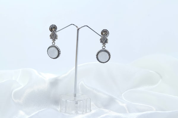 Vintage Oxidised Silver Round Earrings with Glossy White Stone | Minimal Ethnic Dailywear Earrings for Women