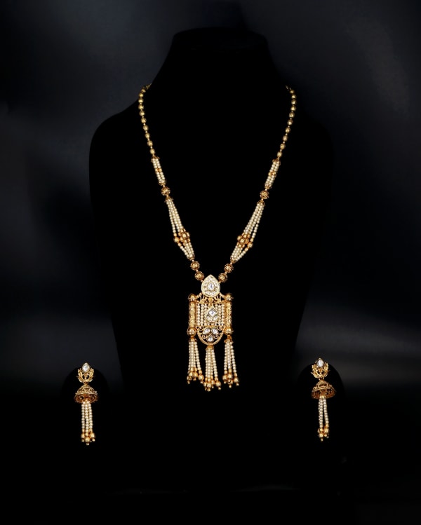 Royal Gold-Plated Pearl Long Necklace Set with Kundan Work | Traditional Bridal Jewellery Set for Women