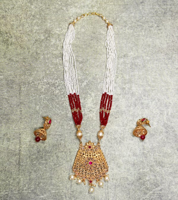 Royal Multi-Layer Pearl & Red Beads Long Necklace Set with Antique Gold Pendant | Traditional Bridal Jewellery for Women