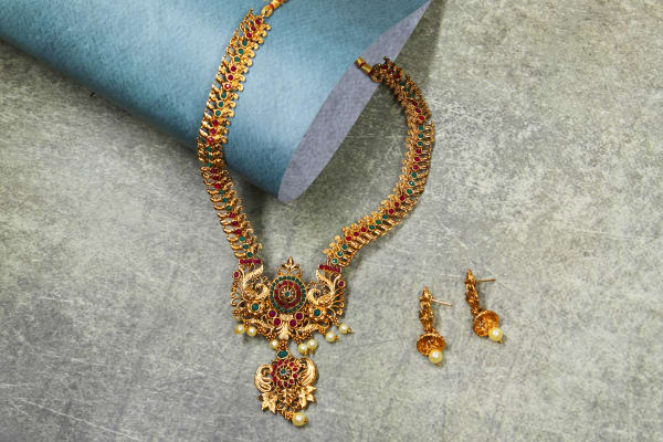 Antique Temple Necklace Set with Ruby & Emerald Stones | Traditional Goddess Lakshmi Design Jewellery for Women