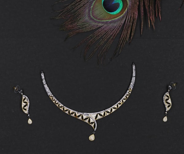 Black & Gold American Diamond Necklace Set for Women | Elegant Partywear AD Jewellery with Tear-Drop Pendant