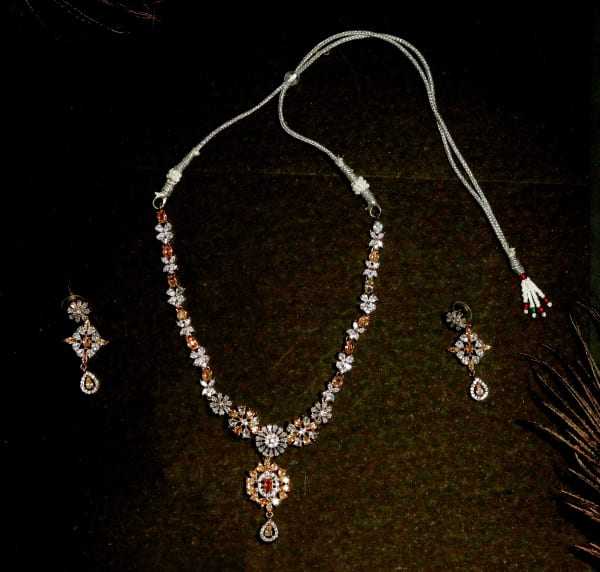 Premium Rose-Gold American Diamond Necklace Set for Women | Partywear & Bridal AD Jewellery with Sparkling Teardrop Pendant