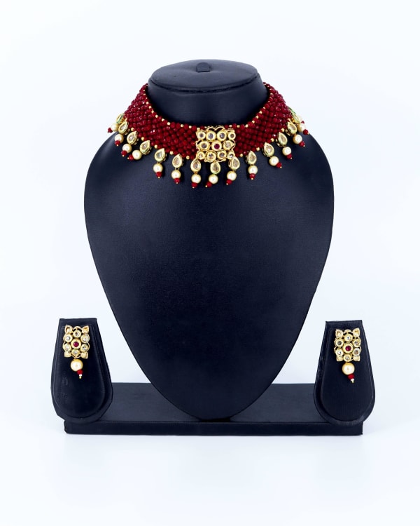 Royal Red Beads Kundan Choker Necklace Set for Women | Bridal Temple Jewelry with Pearl Drops | Gold Plated Festive Jewellery