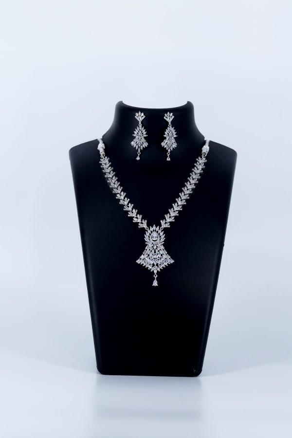 Luxury Silver American Diamond Necklace Set for Women | Premium Zircon Bridal Jewellery | Elegant Party & Wedding Wear Set