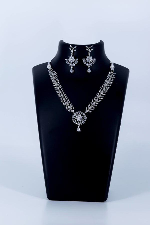 Luxury Silver American Diamond Necklace Set for Women | Premium Zircon Bridal Jewellery with Statement Earrings | Party Wear, Engagement & Wedding Necklace Set